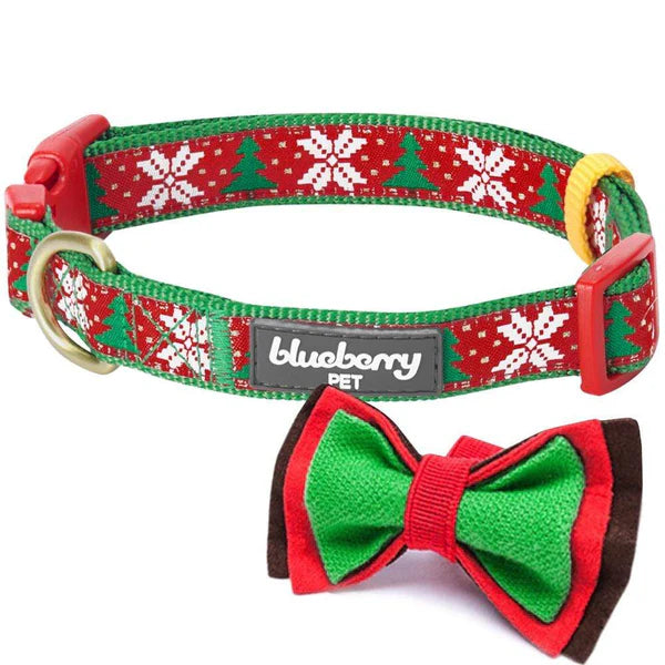 Snowflakes and Trees | Christmas Dog Collar with Handmade Detachable Bow Tie