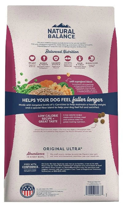 Natural Balance, Fat Dogs - All Breeds, Adult Dog Low Calorie Chicken Meal, Salmon Meal, Garbanzo Beans, Peas and Oatmeal Formula Dry Dog Food