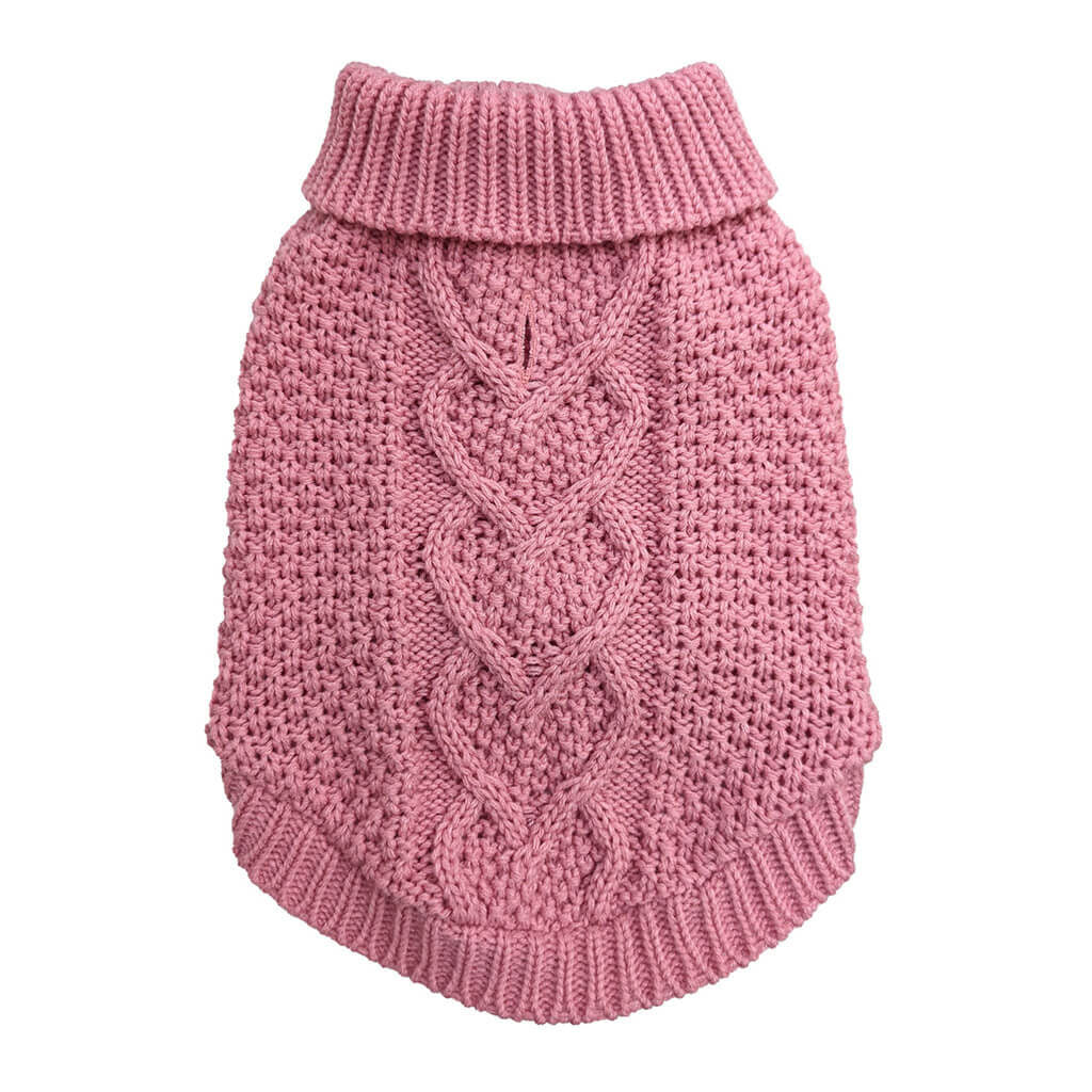 Sweater Chunky Heart Knit w/ Foldover Collar Pink