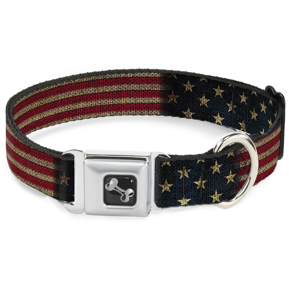 Buckle Down - Dog Bone Seatbelt Buckle Dog Collar, Vintage US Flag Stretch