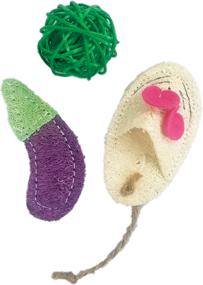 A & E Cage Company - Nibbles Small Animal Loofah Chew Toy, Eggplant, Ball & Mouse