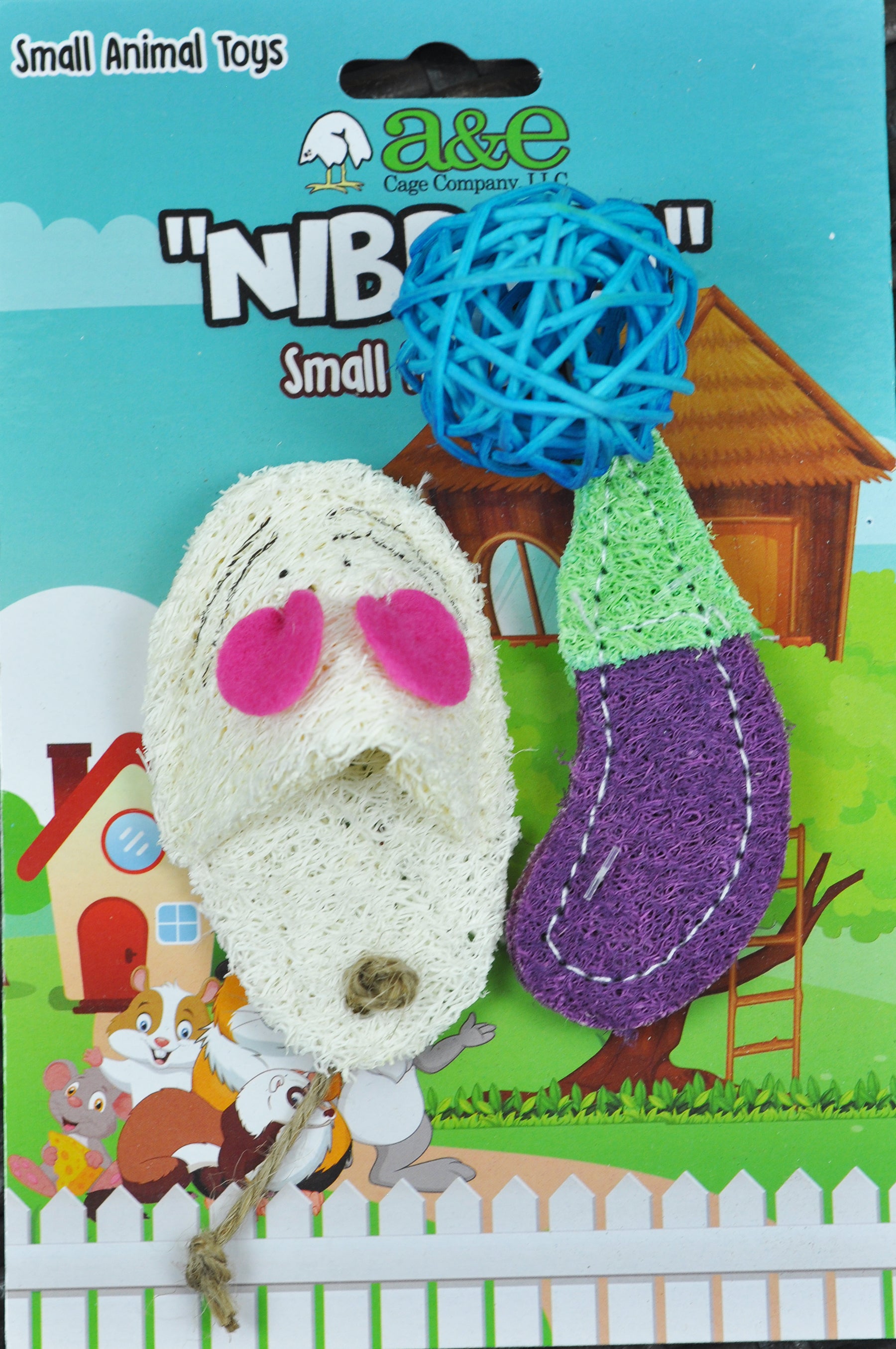 A & E Cage Company - Nibbles Small Animal Loofah Chew Toy, Eggplant, Ball & Mouse