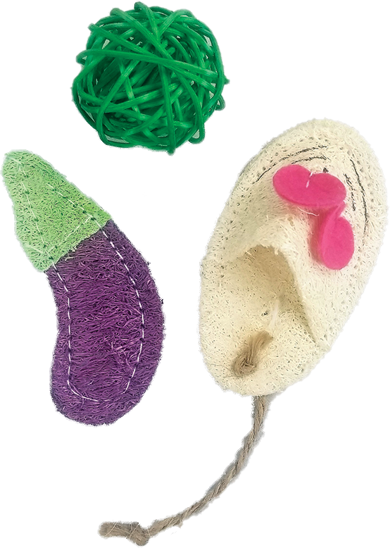 A & E Cage Company - Nibbles Small Animal Loofah Chew Toy, Eggplant, Ball & Mouse