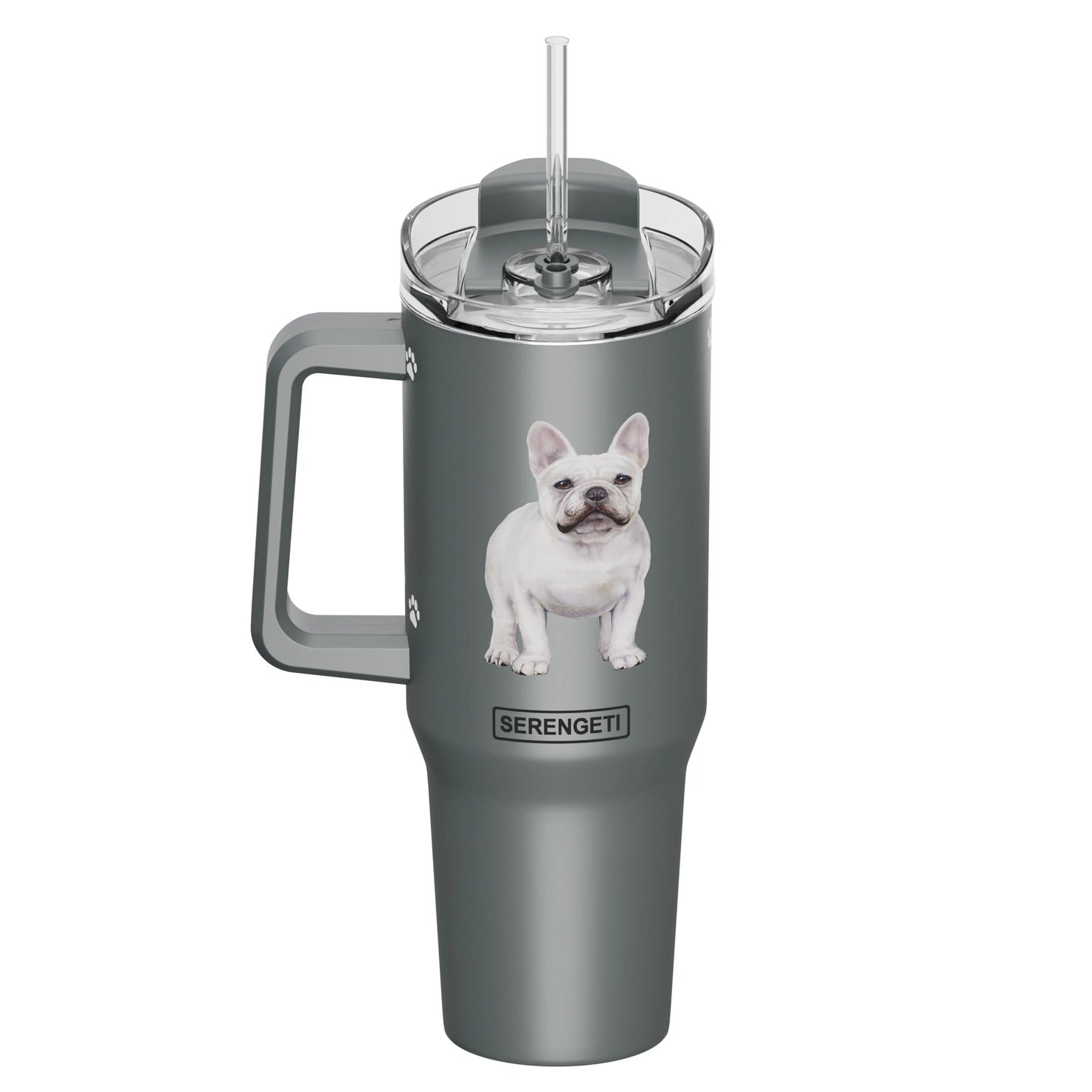 Tumbler with Handle & Straw French Bulldog White