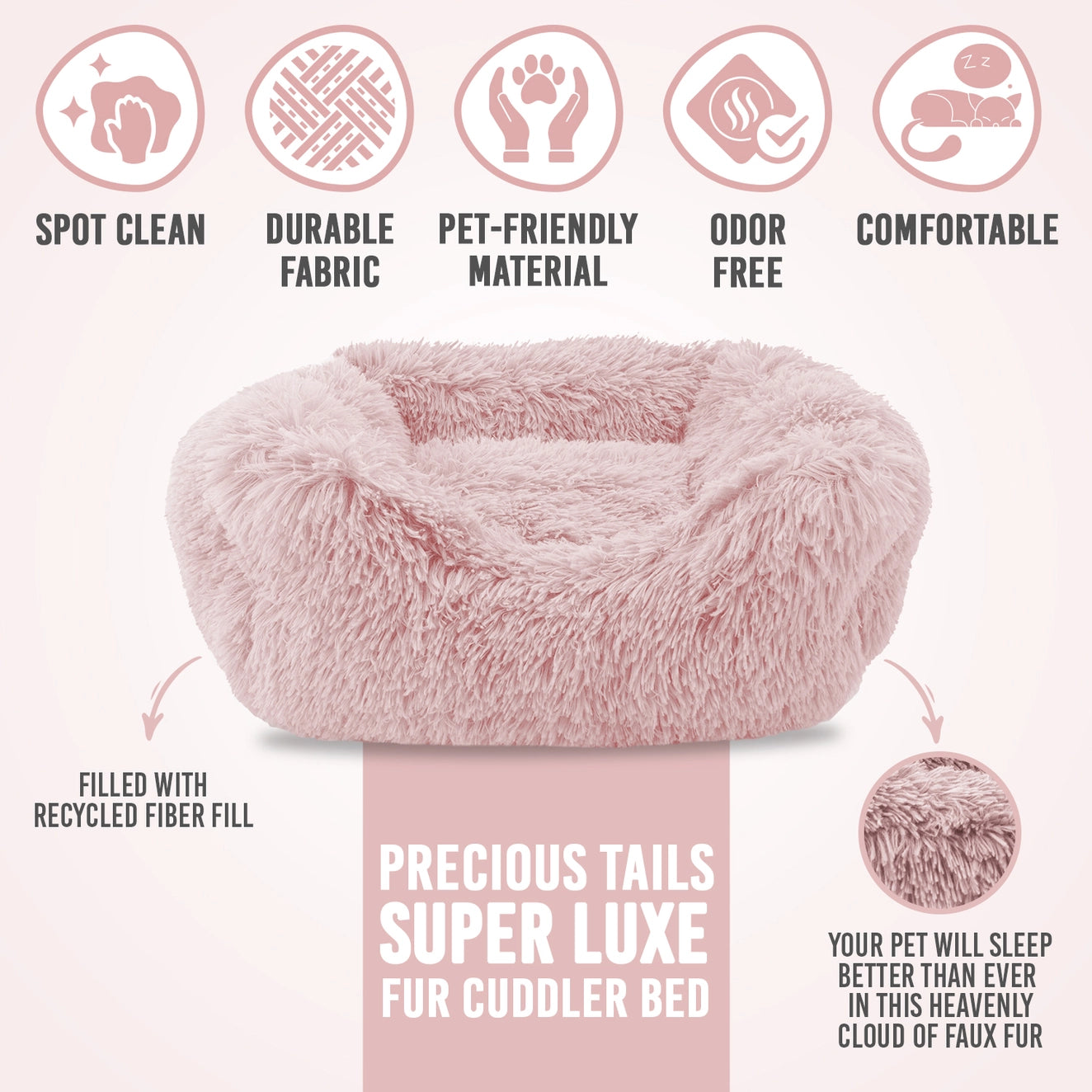 Precious Tails - Cuddler Round Luxe Faux Fur Pet Bed, Pink