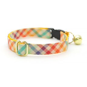 Cat Collar "Golden Hour" Rainbow Plaid with Gold Breakaway