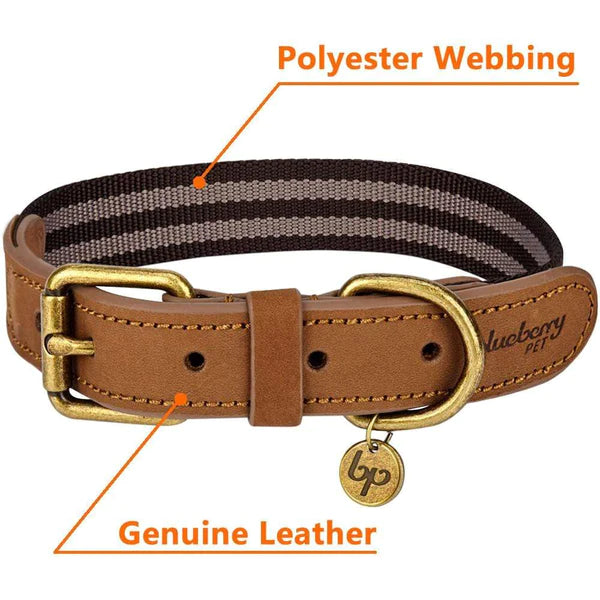 Chocolate and Taupe | Full Grain Leather & Polyester Dog Collar