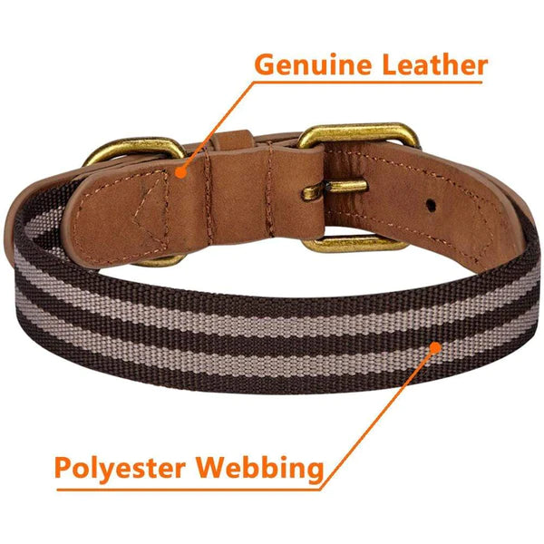 Chocolate and Taupe | Full Grain Leather & Polyester Dog Collar