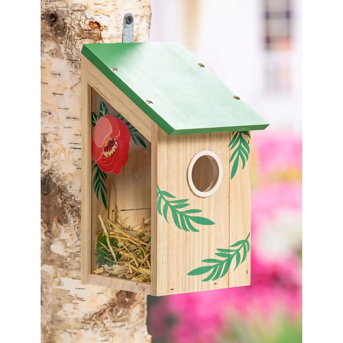 Bird House Side Viewing w/ Pink Flowers