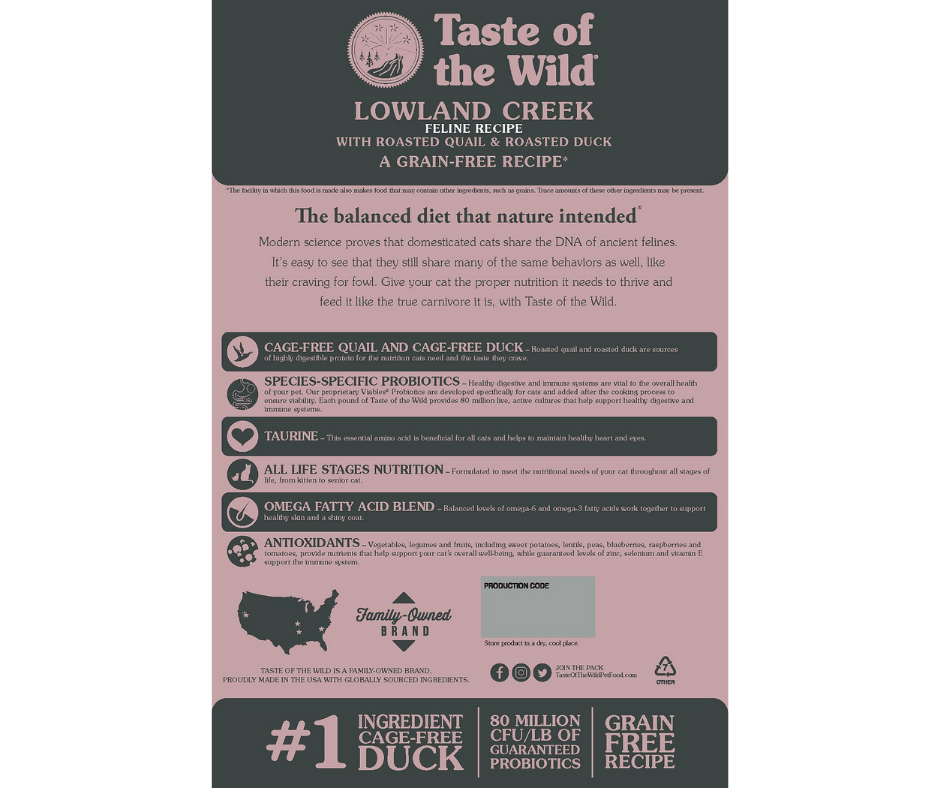 Taste of the Wild - All Cat Breeds, All Life Stages Lowland Creek Feline, Roasted Quail & Roasted Duck Recipe Dry Cat Food-Southern Agriculture