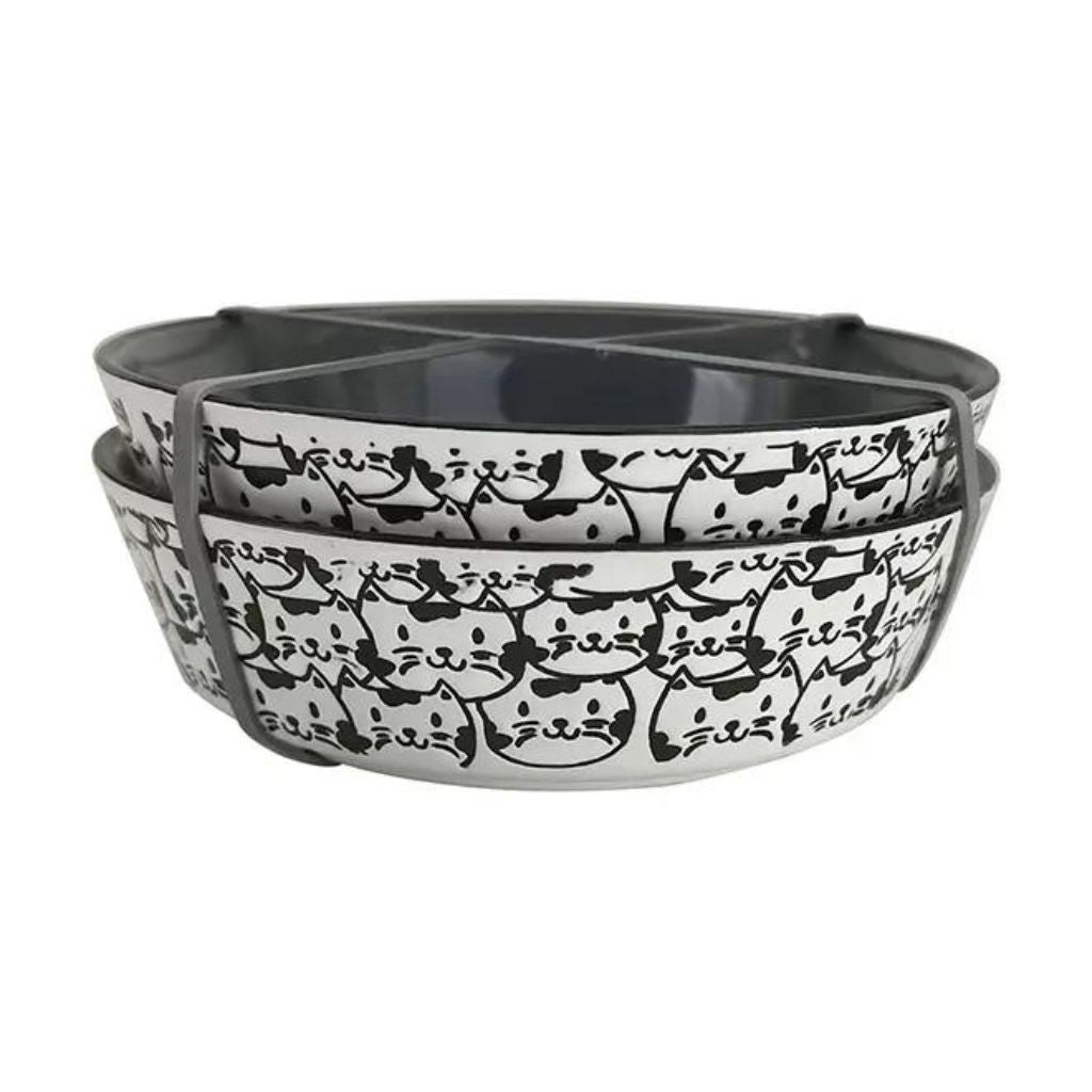 Set of Two, Cat Face Repeat Black & White Pet Bowl