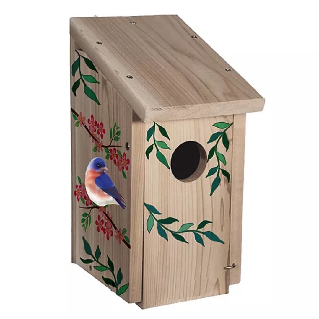 Wood Birdhouse with Bluebird and Red Flowers